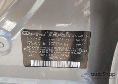 2013 Hyundai Elantra Gls/Limited from USA, damaged, VIN 5NPDH4AEXDH198266